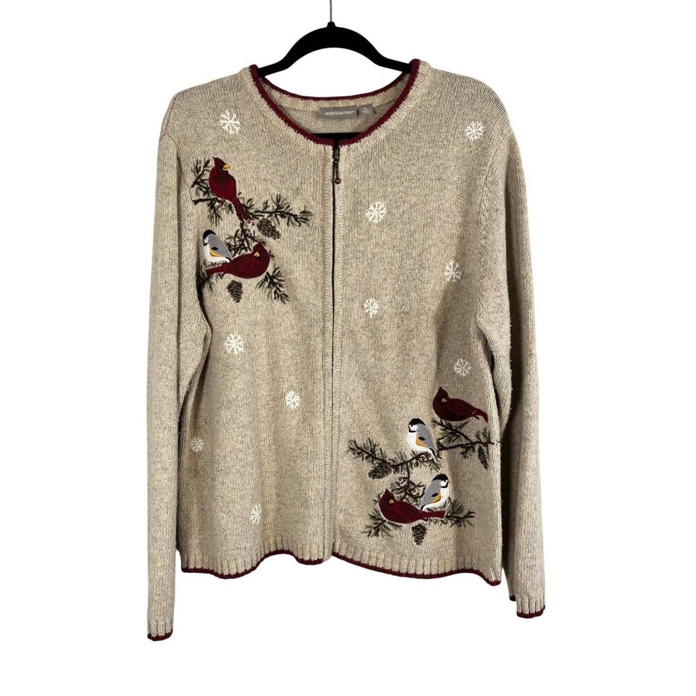 Cardinal Bird Silk Knit Sweater Tan XL Earthy Neutral Festive Embroidery Preppy‎